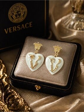 Gold & White Heart Medusa Drop Earrings with V Motif